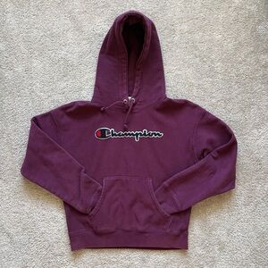 VTG Champion Reverse Weave Hoodie S Maroon Burgundy Puffy Logo Kangaroo Pocket